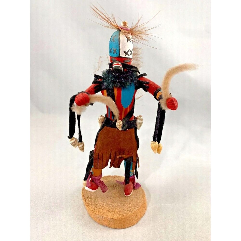 Handcrafted Kachina Doll Dancing Shells Leather Feathers Wooden Base Signed PB